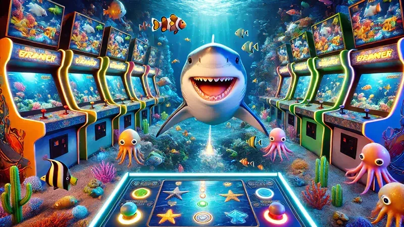 Tampilan permainan tembak ikan dengan target bawah laut dan meriam digital
